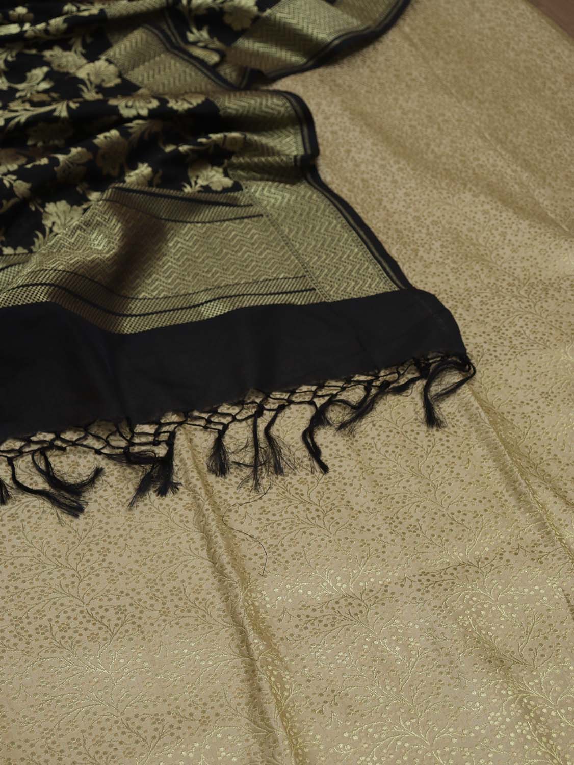 Stunning Cream Banarasi Silk Brocade Fabric with Black Dupatta - Luxurion World