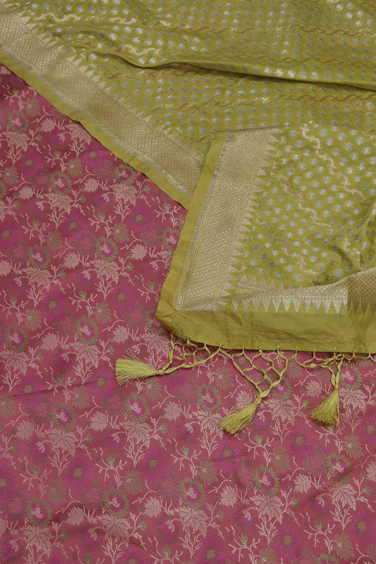 Stunning Pink Banarasi Silk Tanchui Jamawar Brocade Fabric with Green Dupatta - Luxurion World