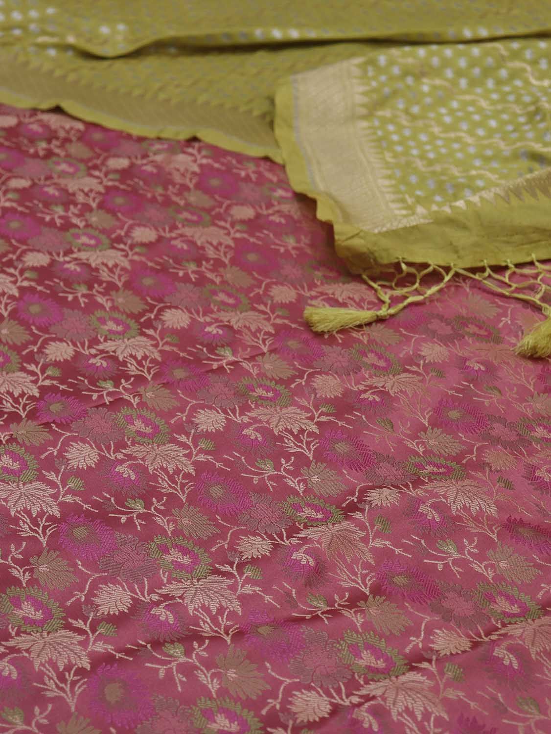 Stunning Pink Banarasi Silk Tanchui Jamawar Brocade Fabric with Green Dupatta - Luxurion World