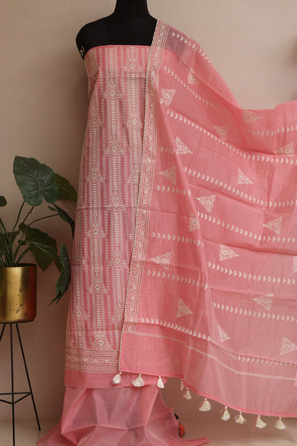 Shop Pink Banarasi Chanderi Silk Suit Set - Embroidered & Unstitched - Luxurion World