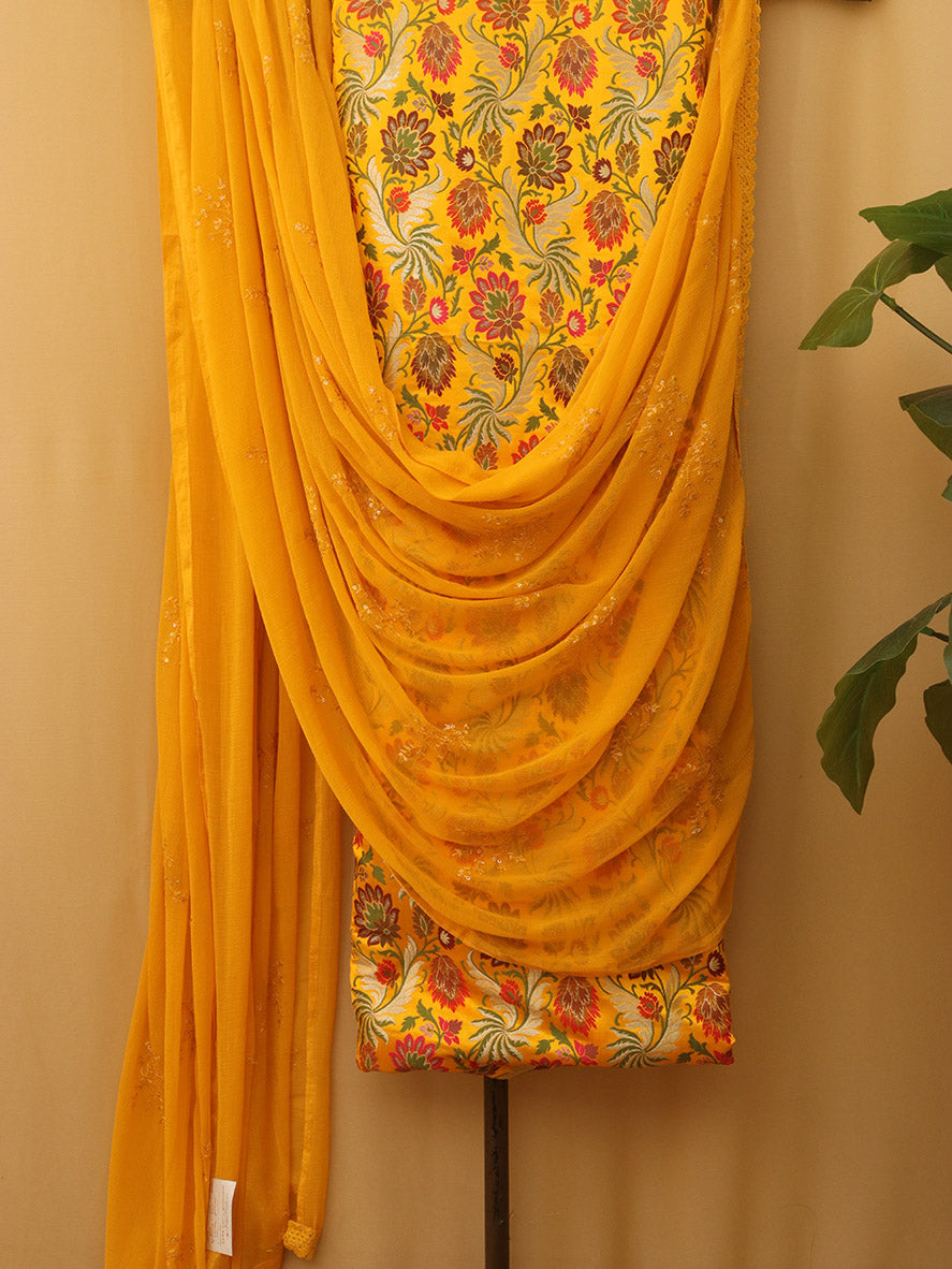 Yellow Banarasi Kimkhwab Silk Meenakari Suit With Yellow Georgette Sequins Dupatta - Luxurion World