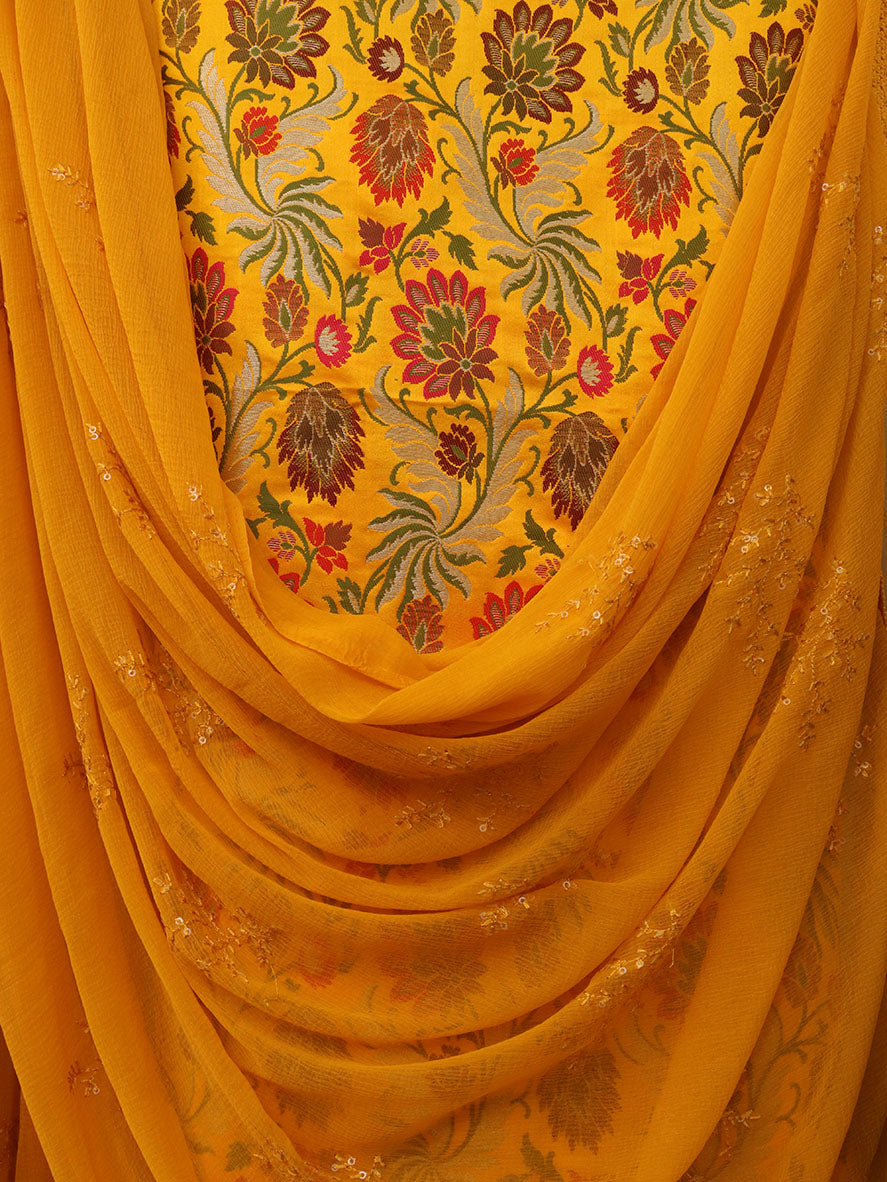 Yellow Banarasi Kimkhwab Silk Meenakari Suit With Yellow Georgette Sequins Dupatta - Luxurion World