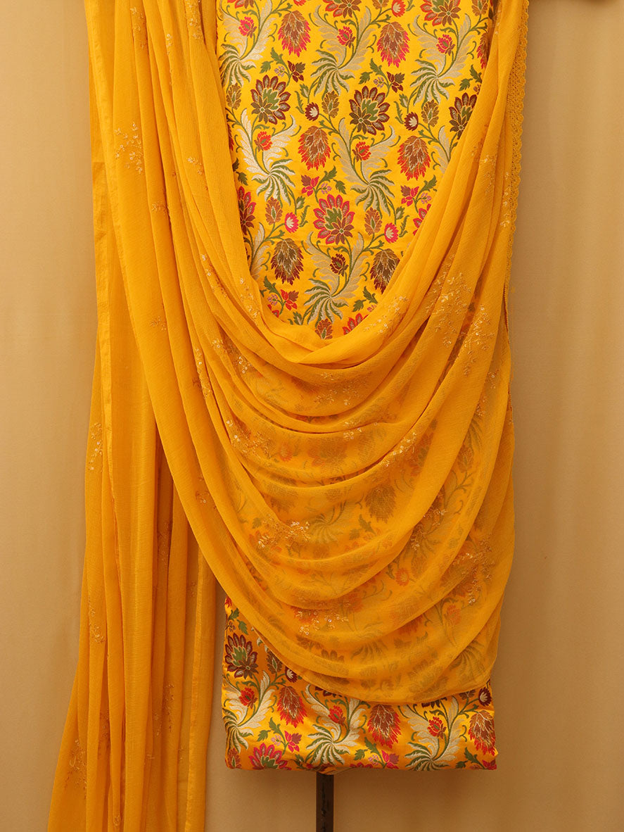 Yellow Banarasi Kimkhwab Silk Meenakari Suit With Yellow Georgette Sequins Dupatta - Luxurion World