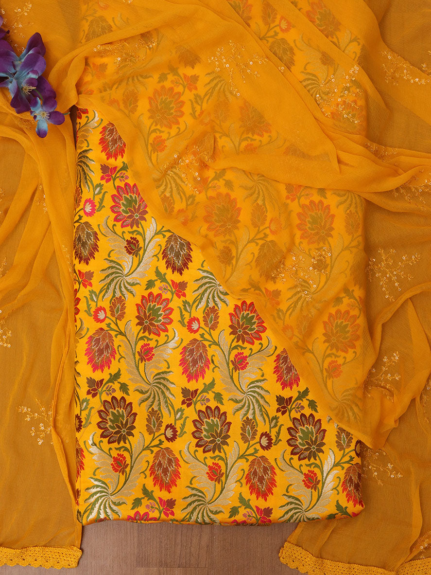 Yellow Banarasi Kimkhwab Silk Meenakari Suit With Yellow Georgette Sequins Dupatta - Luxurion World