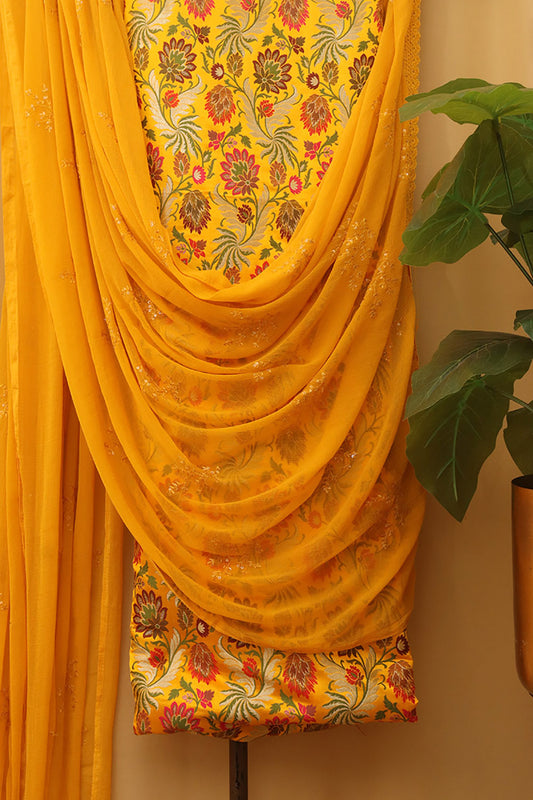 Yellow Banarasi Kimkhwab Silk Meenakari Suit With Yellow Georgette Sequins Dupatta - Luxurion World