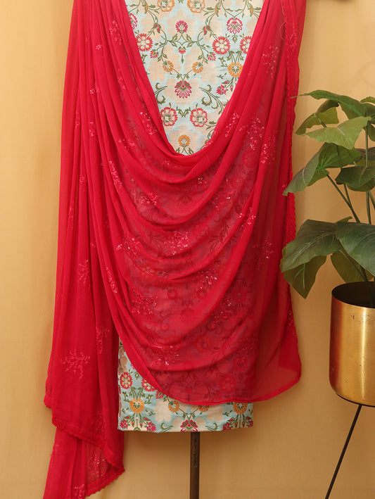 Blue Banarasi Kimkhwab Silk Meenakari Suit With Pink Georgette Sequins Dupatta - Luxurion World
