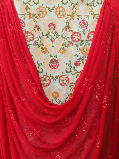 Blue Banarasi Kimkhwab Silk Meenakari Suit With Pink Georgette Sequins Dupatta - Luxurion World