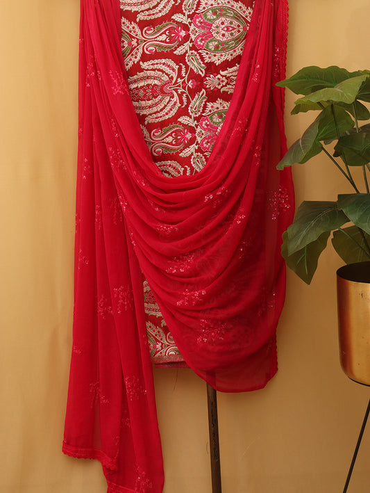 Red Banarasi Kimkhwab Silk Meenakari Suit With Pink Georgette Sequins Dupatta - Luxurion World