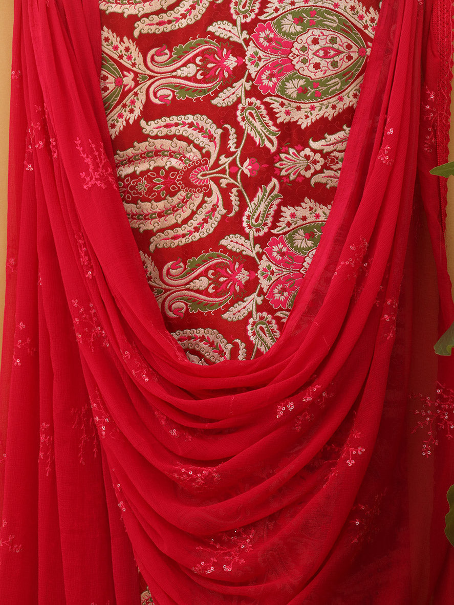 Red Banarasi Kimkhwab Silk Meenakari Suit With Pink Georgette Sequins Dupatta - Luxurion World