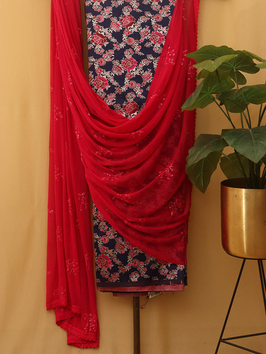 Blue Banarasi Silk Meenakari Suit With Pink Georgette Sequins Dupatta - Luxurion World