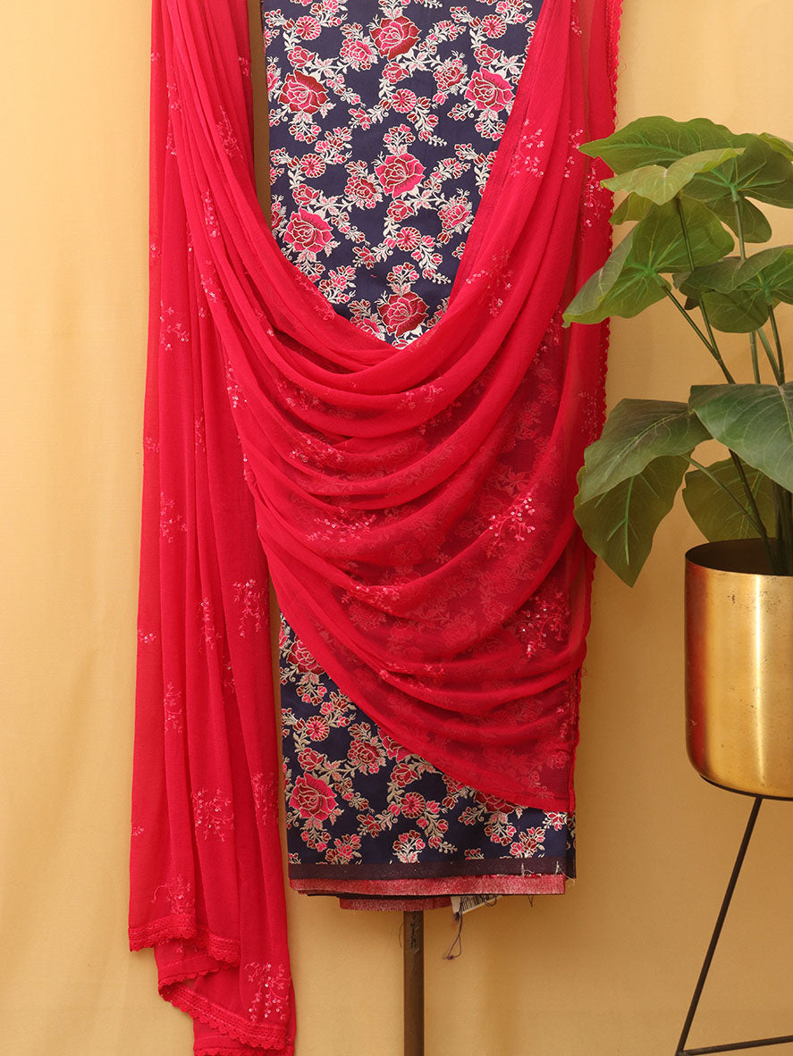 Blue Banarasi Silk Meenakari Suit With Pink Georgette Sequins Dupatta - Luxurion World