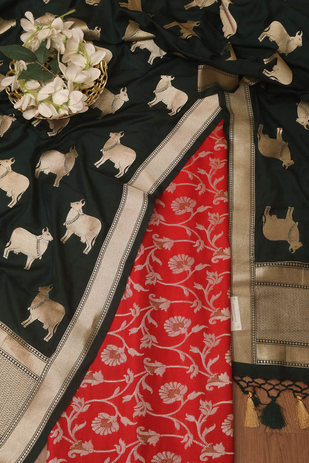 Red Banarasi Silk Suit With Green Banarasi Silk Cow Design Dupatta - Luxurion World