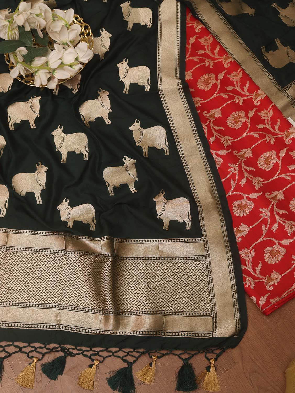 Red Banarasi Silk Suit With Green Banarasi Silk Cow Design Dupatta - Luxurion World