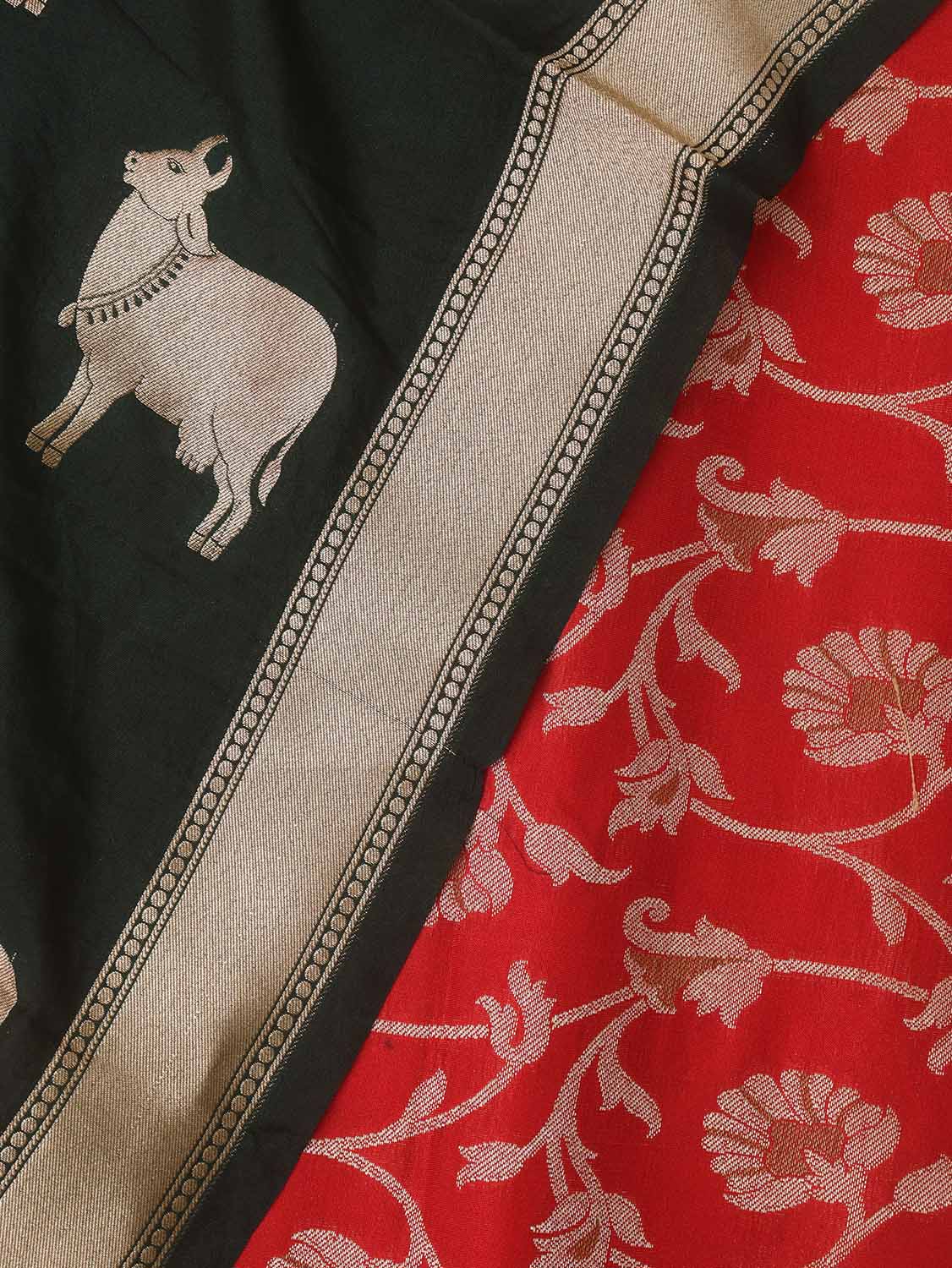 Red Banarasi Silk Suit With Green Banarasi Silk Cow Design Dupatta - Luxurion World