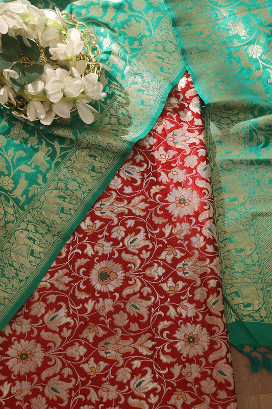 Red Banarasi KimKhwab Silk Suit With Green Banarasi Silk Dupatta - Luxurion World