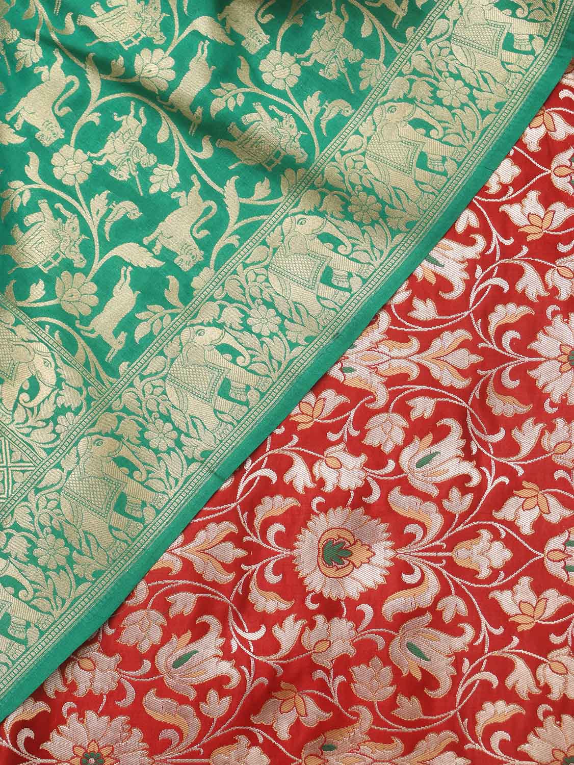 Red Banarasi KimKhwab Silk Suit With Green Banarasi Silk Dupatta - Luxurion World