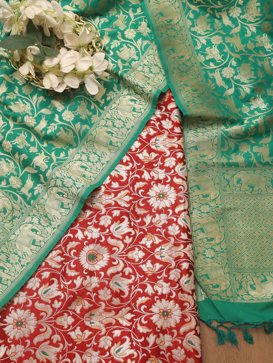 Red Banarasi KimKhwab Silk Suit With Green Banarasi Silk Dupatta - Luxurion World