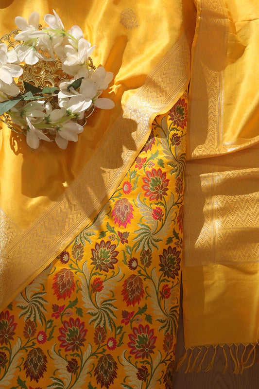 Yellow Banarasi Kimkhwab Silk Meenakari Suit With Yellow Handloom Banarasi Katan Silk Dupatta - Luxurion World