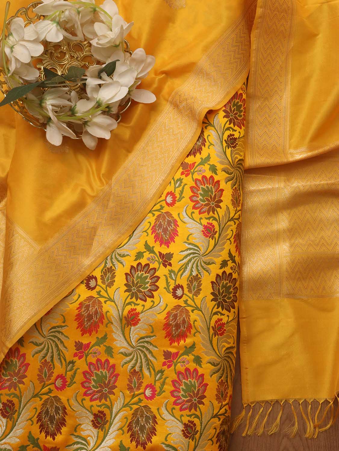 Yellow Banarasi Kimkhwab Silk Meenakari Suit With Yellow Handloom Banarasi Katan Silk Dupatta - Luxurion World