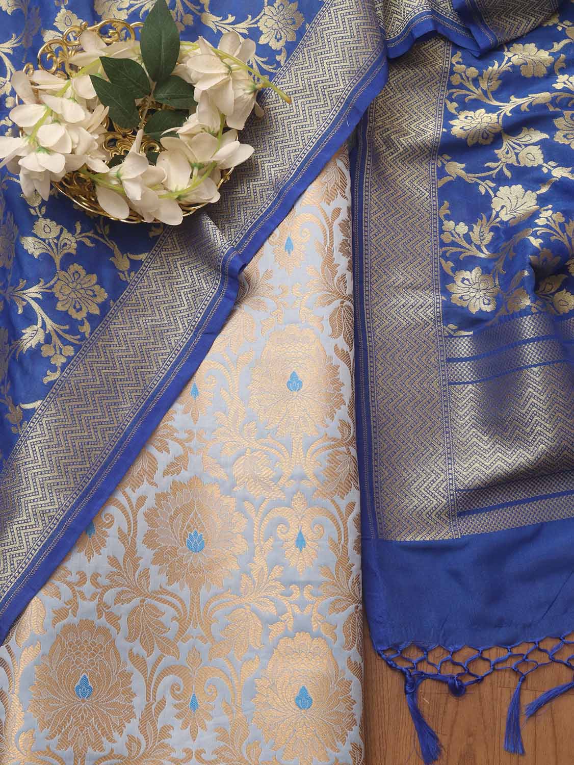 Blue Banarasi KimKhwab Silk Suit With Blue Banarasi Silk Dupatta - Luxurion World