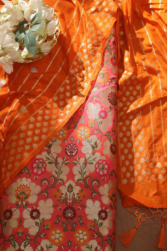 Pink Banarasi KimKhwab Silk Suit With Orange Banarasi Silk Dupatta - Luxurion World