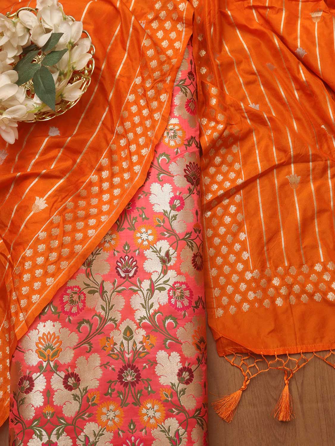 Pink Banarasi KimKhwab Silk Suit With Orange Banarasi Silk Dupatta - Luxurion World