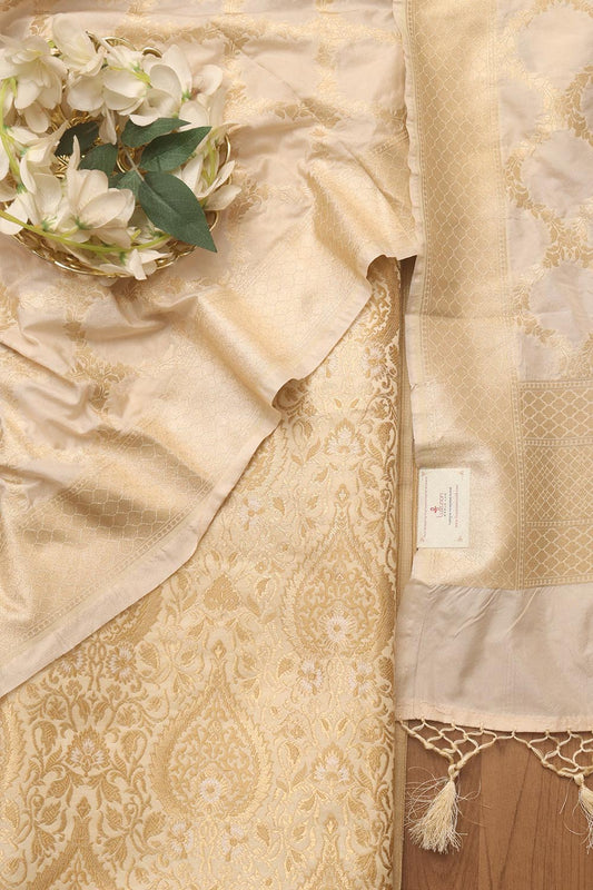 Off White Banarasi KimKhwab Silk Suit With Off White Banarasi Silk Dupatta - Luxurion World