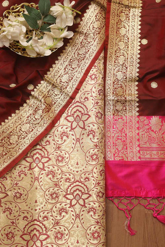 Pastel Banarasi KimKhwab Silk Suit With Maroon Banarasi Katan Silk Dupatta - Luxurion World