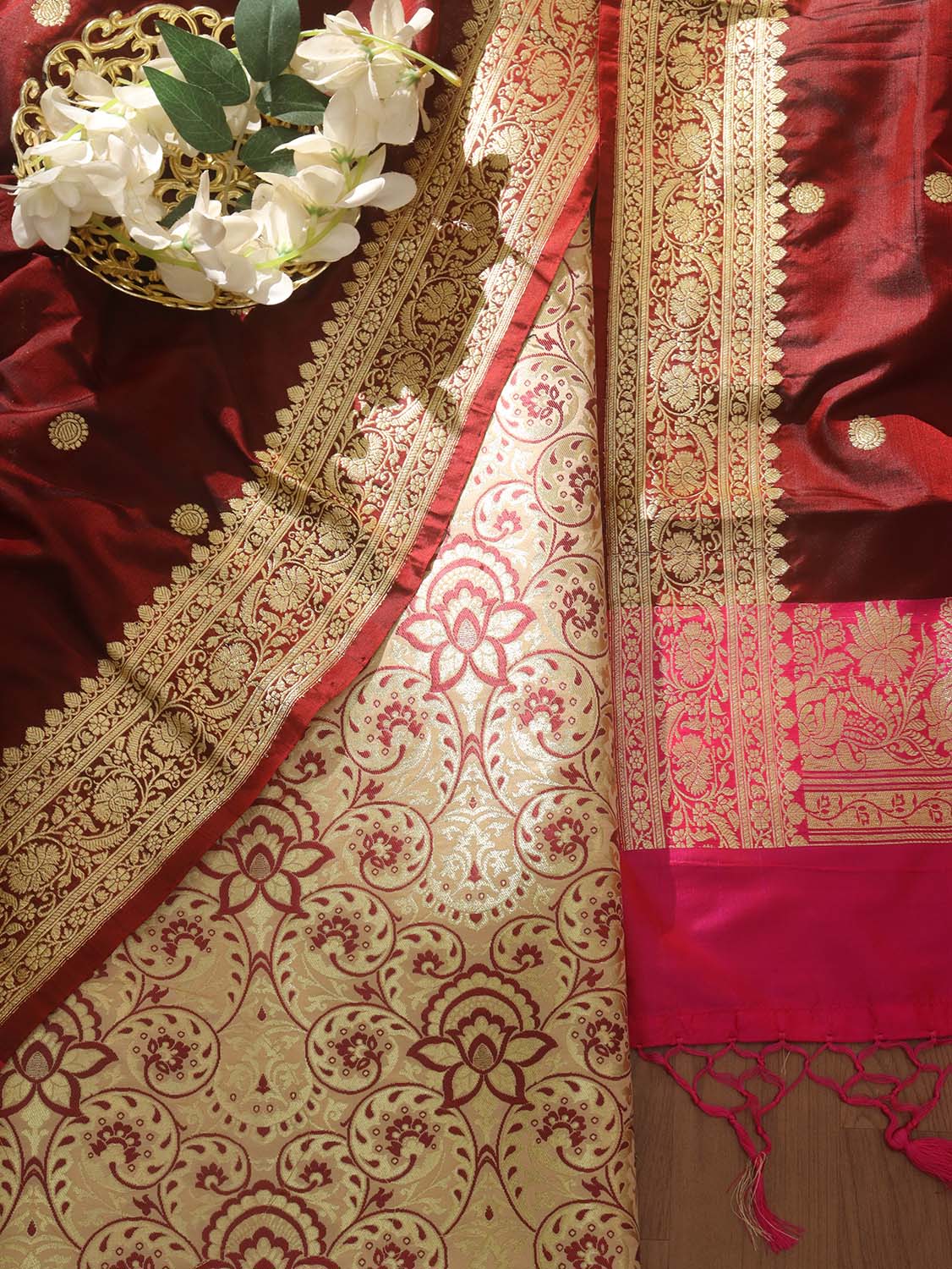 Pastel Banarasi KimKhwab Silk Suit With Maroon Banarasi Katan Silk Dupatta - Luxurion World