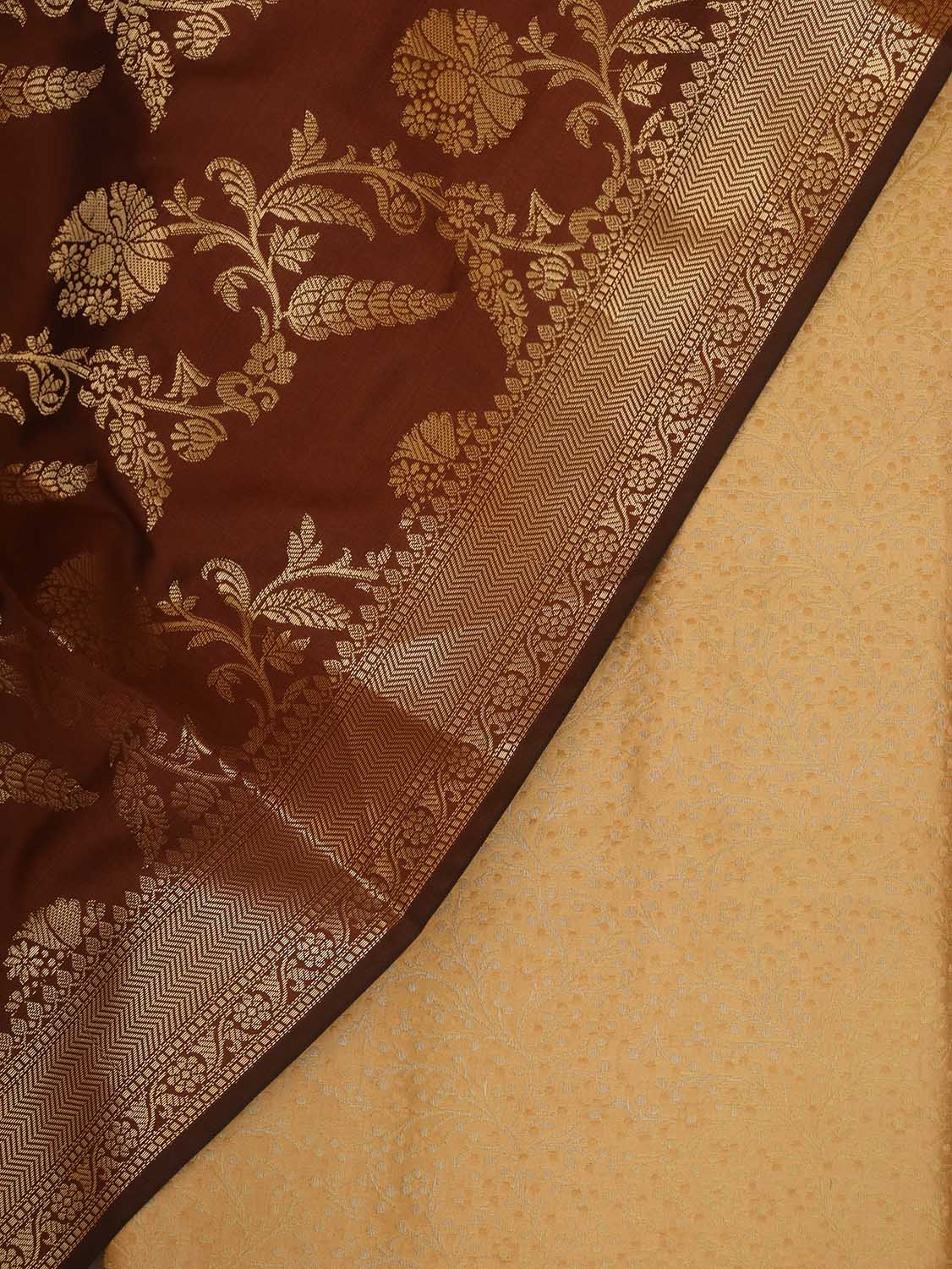 Cream Banarasi Silk Brocade Suit With Brown Banarasi Silk Dupatta - Luxurion World