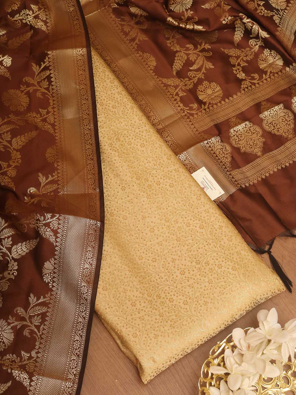 Cream Banarasi Silk Brocade Suit With Brown Banarasi Silk Dupatta - Luxurion World