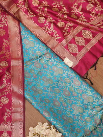 Blue Banarasi Silk Tanchui Jamawar Suit With Pink Banarasi Silk Dupatta - Luxurion World