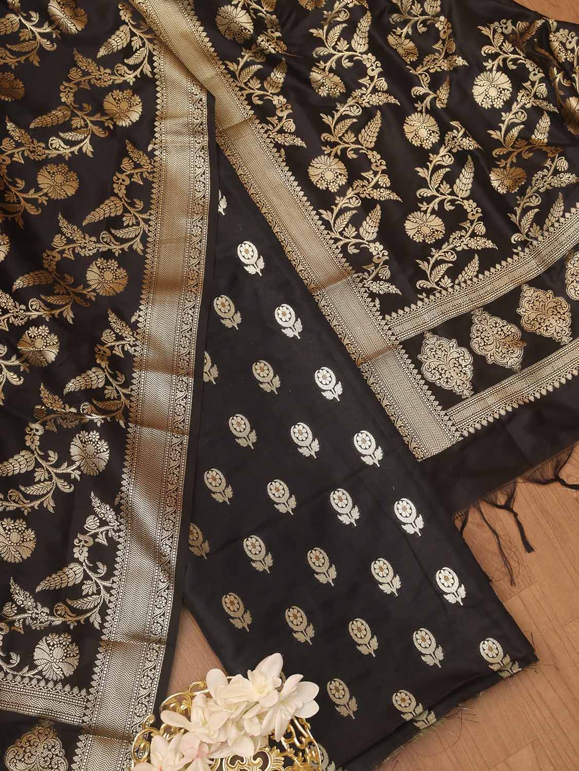 Black Banarasi Silk Suit With Black Banarasi Silk Dupatta - Luxurion World