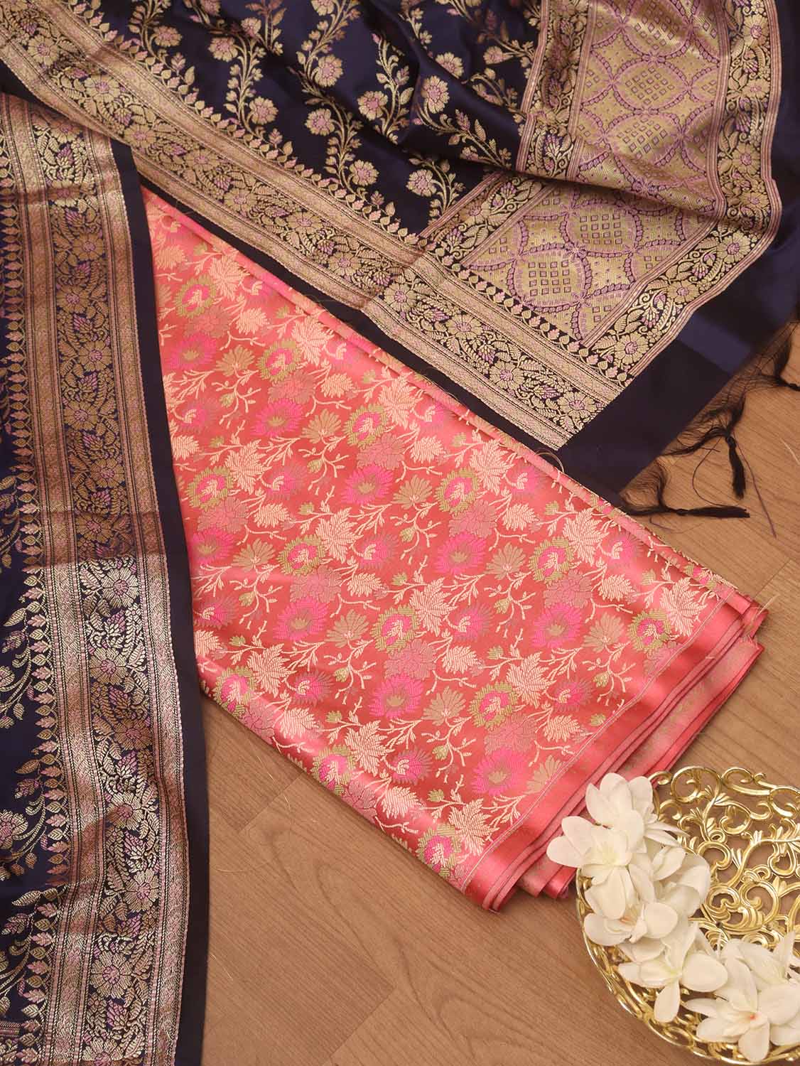 Pink Banarasi Silk Tanchui Jamawar Suit With Blue Banarasi Silk Meenakari Dupatta - Luxurion World