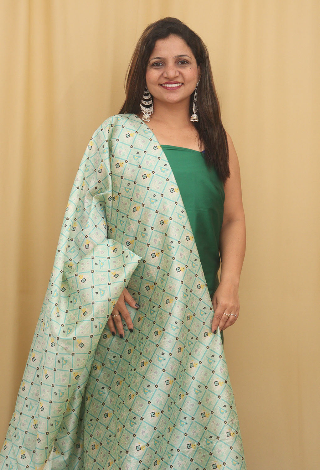 Green Plain Silk Suit With Digital Printed Patola Design Tussar Silk Dupatta - Luxurion World