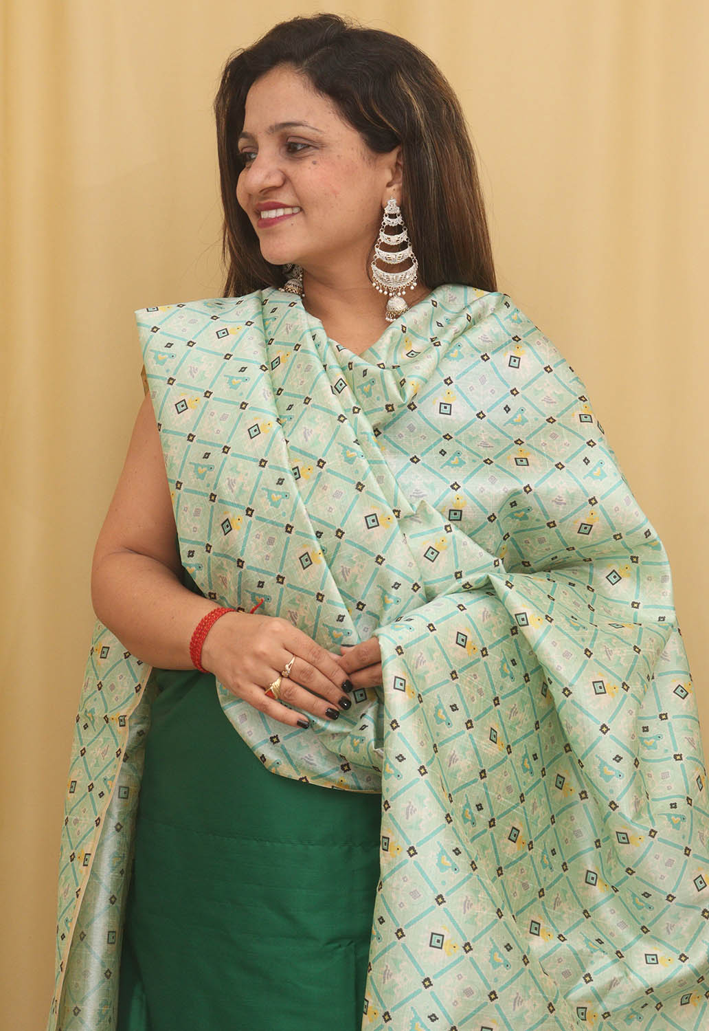 Green Plain Silk Suit With Digital Printed Patola Design Tussar Silk Dupatta - Luxurion World