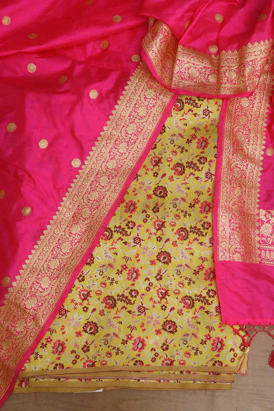 Yellow Banarasi Silk Meenakari Floral Design Suit With Banarasi Pure Katan Silk Kadwa Dupatta - Luxurion World