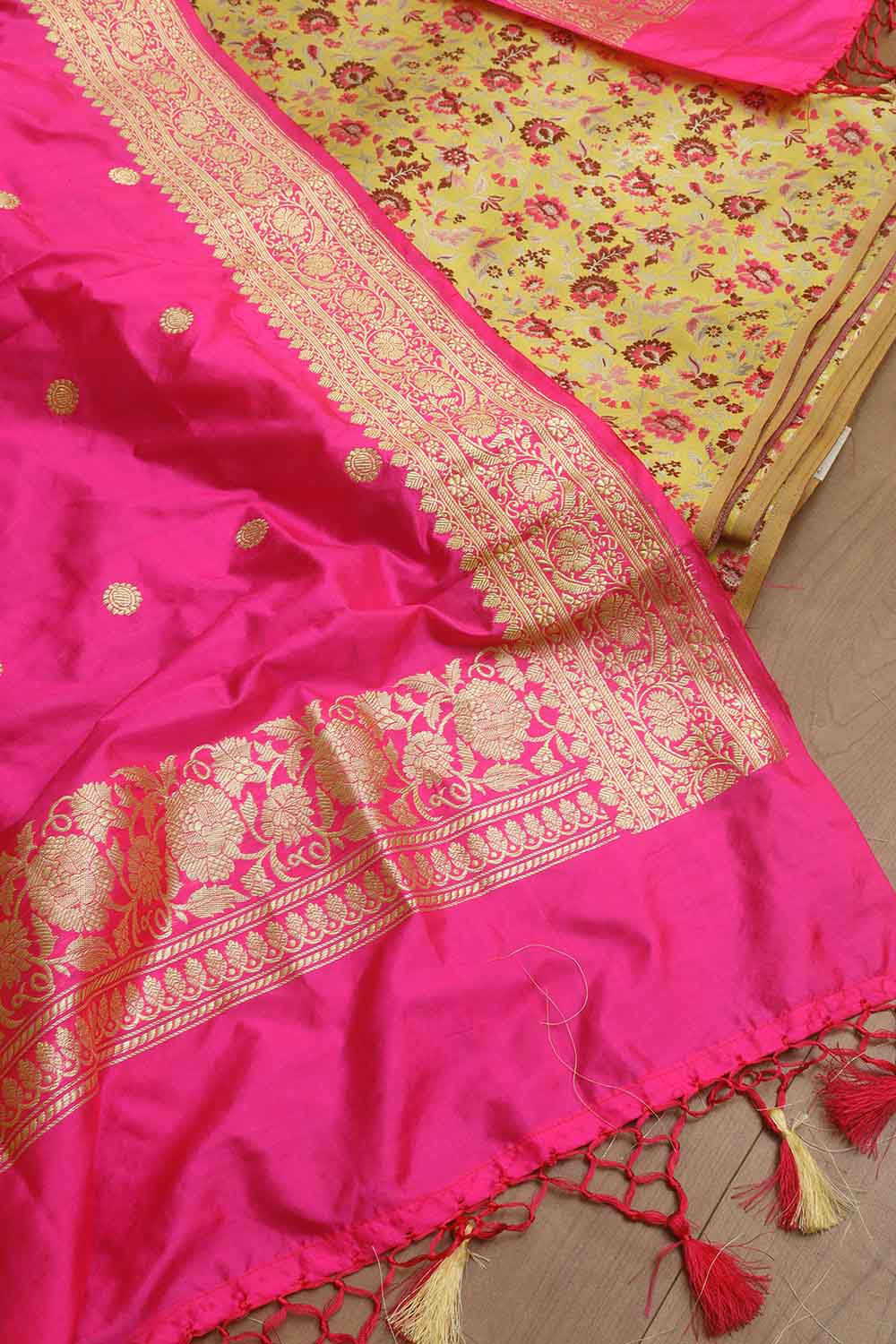 Yellow Banarasi Silk Meenakari Floral Design Suit With Banarasi Pure Katan Silk Kadwa Dupatta - Luxurion World