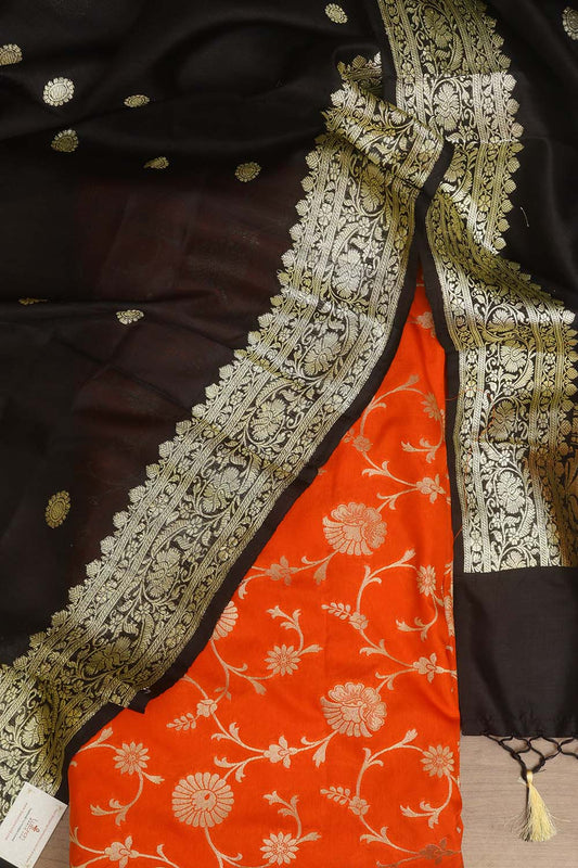 Orange Banarasi Silk Suit With Banarasi Pure Katan Silk Kadwa Dupatta - Luxurion World