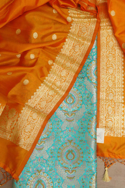 Blue Banarasi Kimkhwab Silk Suit With Banarasi Pure Katan Silk Kadwa Dupatta - Luxurion World