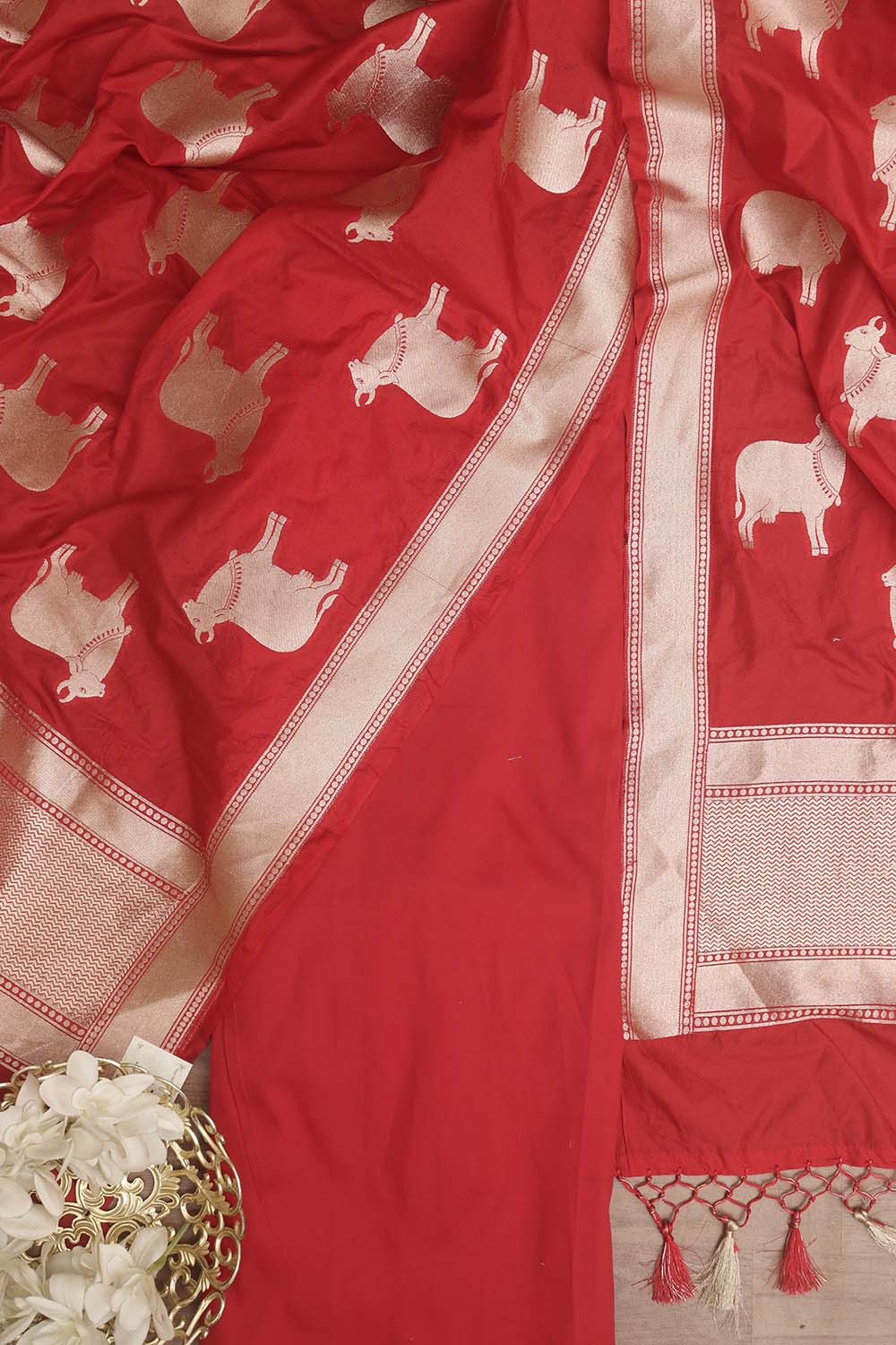 Red Silk Suit with Banarasi Cow Design Dupatta - Luxurion World