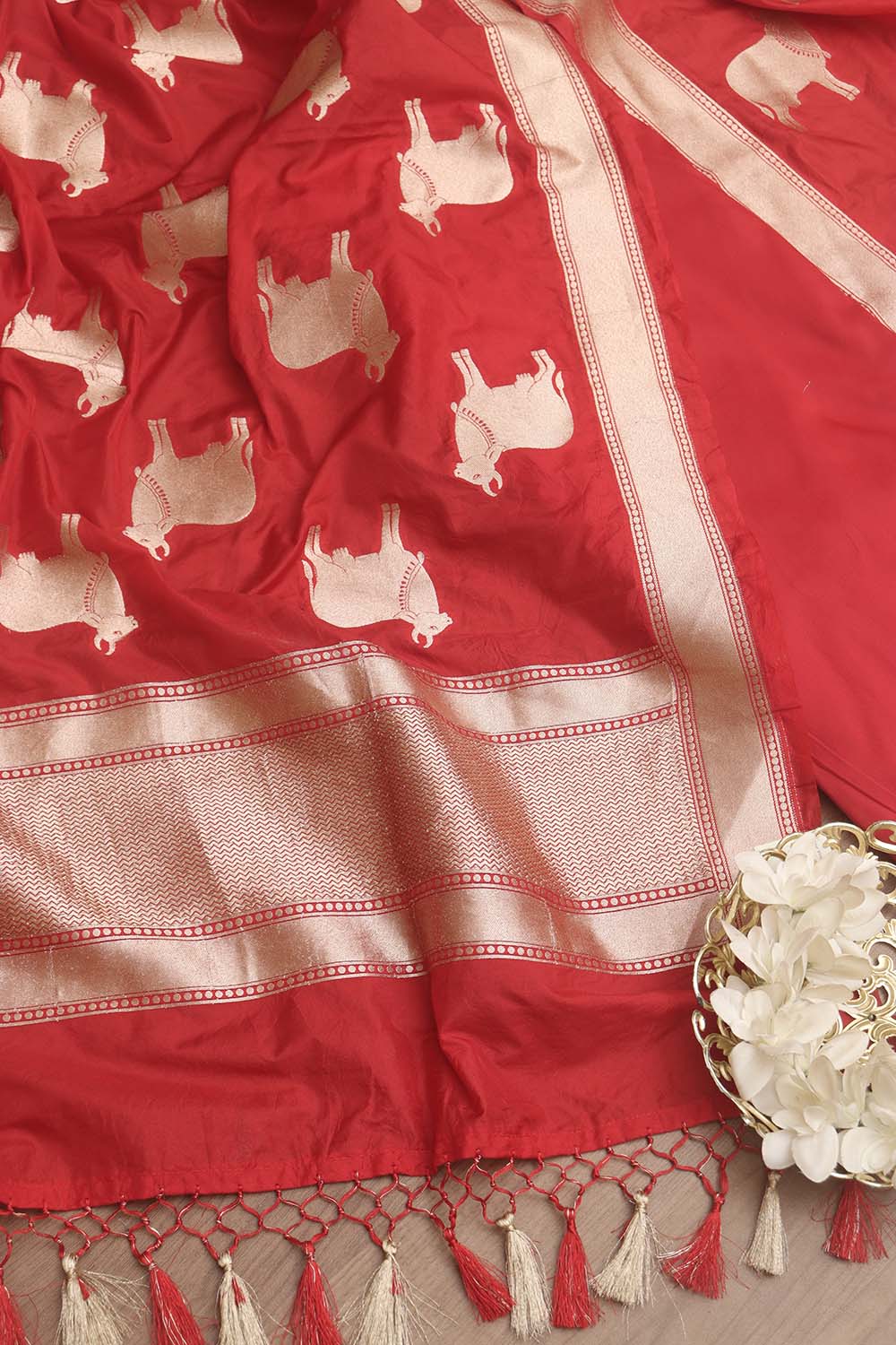 Red Silk Suit with Banarasi Cow Design Dupatta - Luxurion World