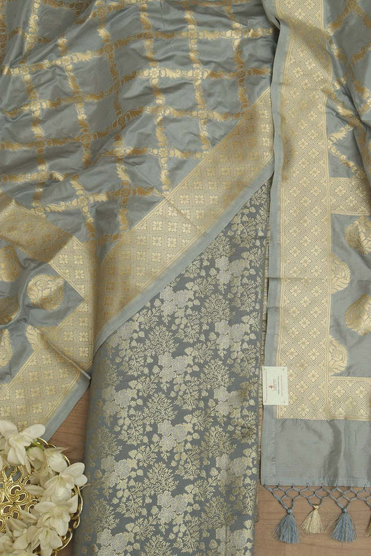 Elegant Grey Banarasi Brocade Silk Suit & Silk Dupatta - Luxurion World