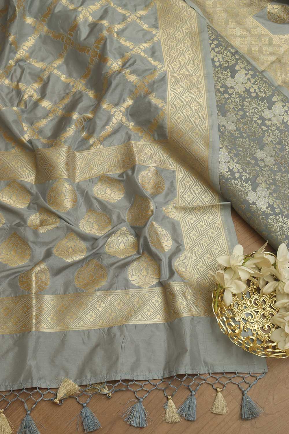 Elegant Grey Banarasi Brocade Silk Suit & Silk Dupatta - Luxurion World