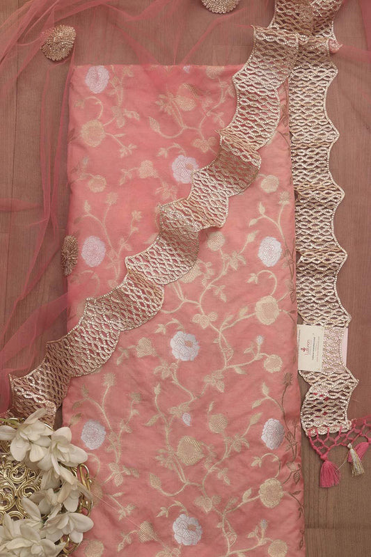 Pink Banarasi Sona Roopa Silk Suit With Pink Trendy Shaded Net Gota Work Dupatta