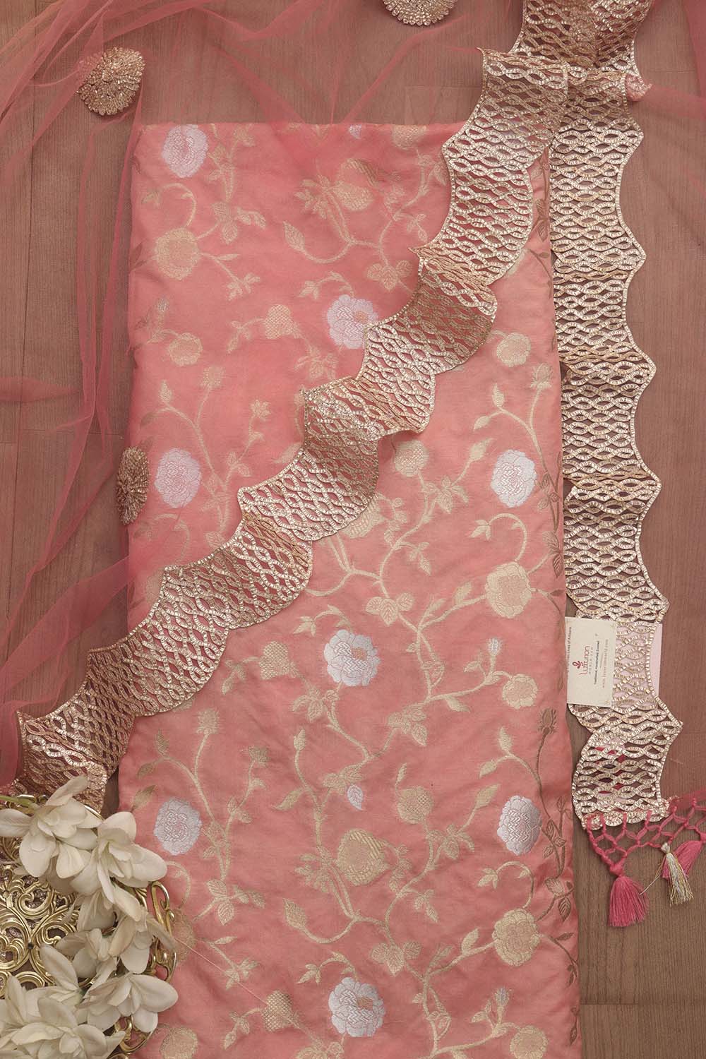 Pink Banarasi Sona Roopa Silk Suit With Pink Trendy Shaded Net Gota Work Dupatta - Luxurion World