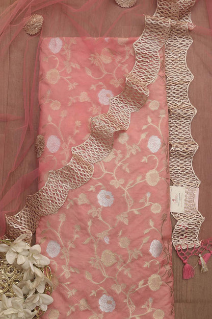Pink Banarasi Sona Roopa Silk Suit With Pink Trendy Shaded Net Gota Work Dupatta - Luxurion World