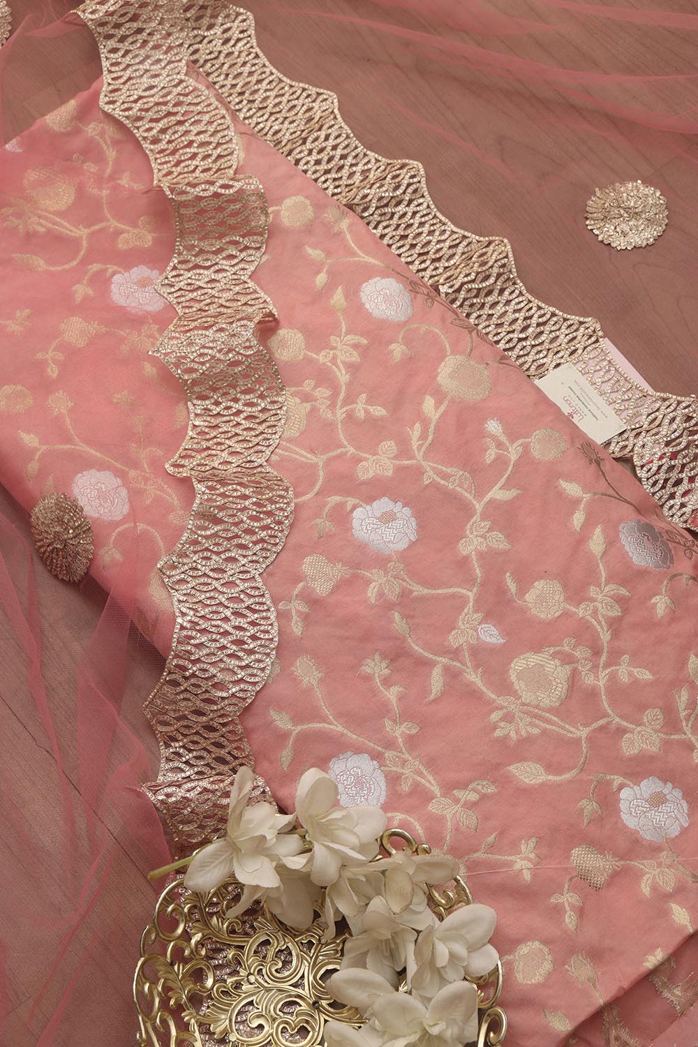 Pink Banarasi Sona Roopa Silk Suit With Pink Trendy Shaded Net Gota Work Dupatta - Luxurion World