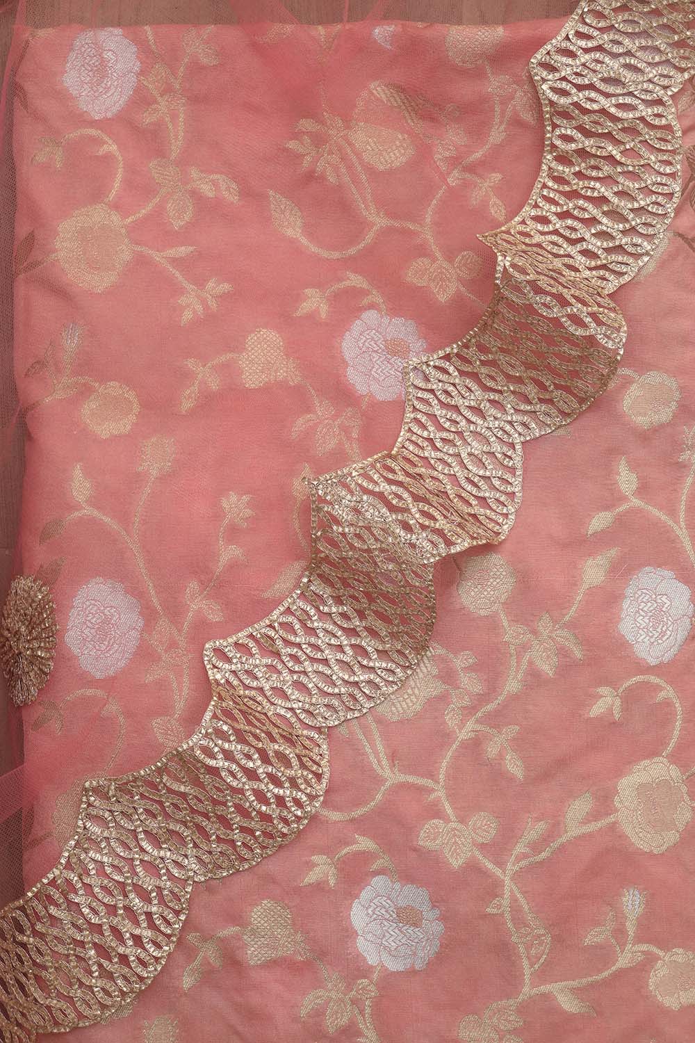 Pink Banarasi Sona Roopa Silk Suit With Pink Trendy Shaded Net Gota Work Dupatta - Luxurion World