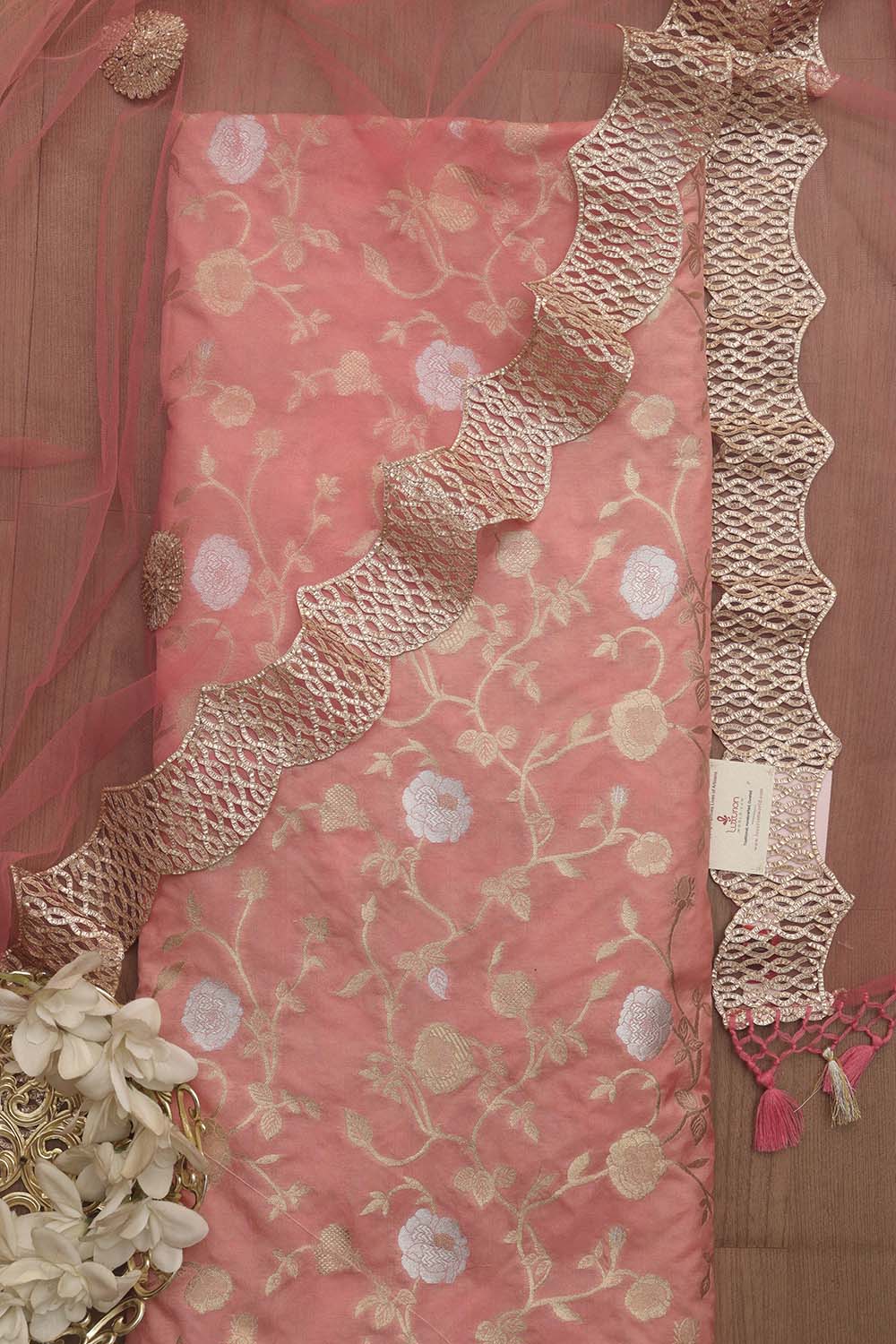 Pink Banarasi Sona Roopa Silk Suit With Pink Trendy Shaded Net Gota Work Dupatta - Luxurion World